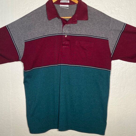 John Henry Sport Men  XL Polo Shirt Colorblock Casual Red Gray Teal Short Sleeve - Picture 5 of 14